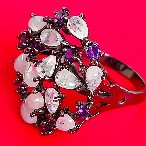 Natural Moonstone & Amethyst 925 Sterling Silver Ring Sz 7 - Picture 2 of 8